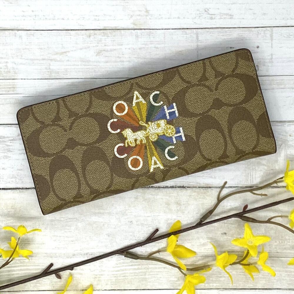 Coach Slim Wallet In Signature Canvas Coach Radial Rainbow Khaki Multi C7305